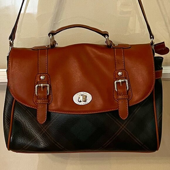 Satchel Crossbody – Faux Leather Plaid & Cognac Brown - Picture 1 of 15